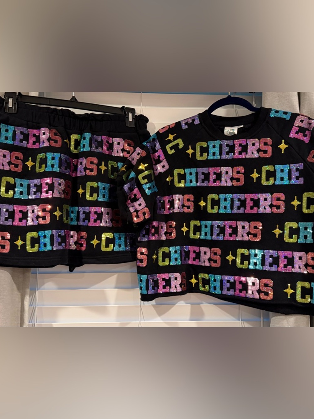 QUEEN OF SPARKLES EUC Black Rainbow 'CHEERS' Sequin Top & Skort Set